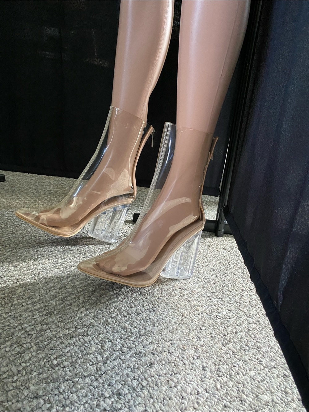 Cape Robbin Clear PVC Nude Pointed-Toe Block Heel Ankle Boots